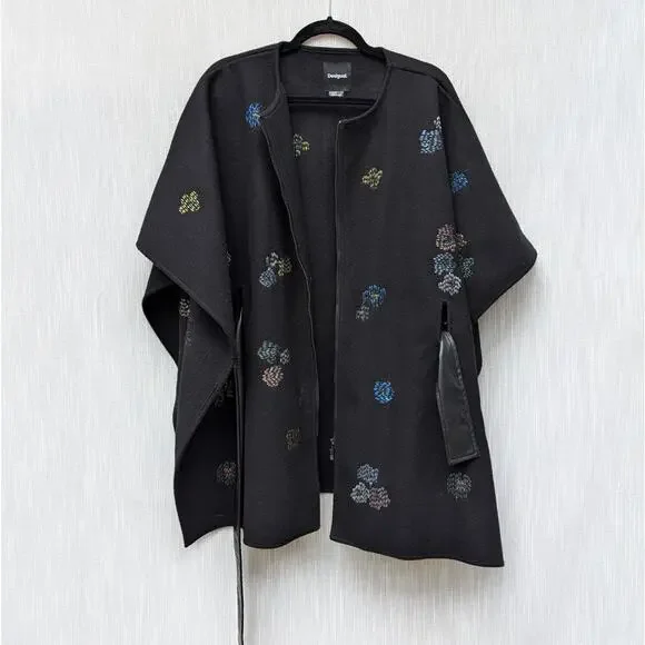 Desigual Black Embroidery Loose Fit Full Zip Belt Poncho Coat, size OS